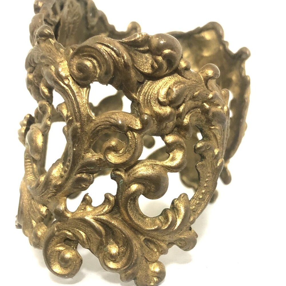 Vintage Wide Cuff Bracelet Virgins Saints & Angels Cross Gold Tone Ornate - Picture 9 of 14